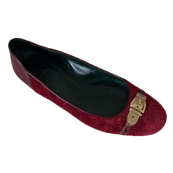 GUCCI Ballet Flat Burgundy Red Velvet Velour Round Toe Gold Buckle Equestrian 9 - Picture 1 of 14